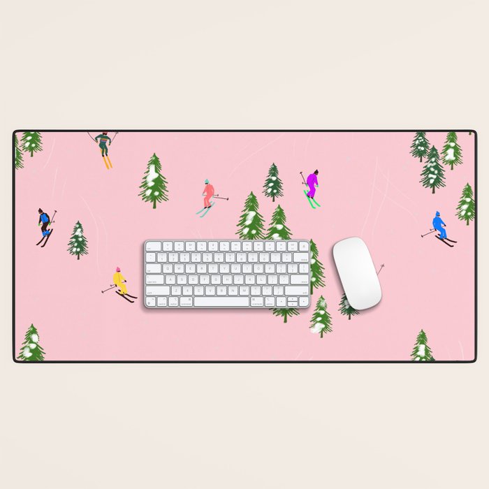 Pink retro skiers illustration - Aerial skiers Desk Mat Gallery Image 1