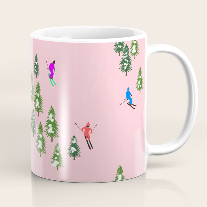 Pink retro skiers illustration - Aerial skiers Coffee Mug Gallery Image 1