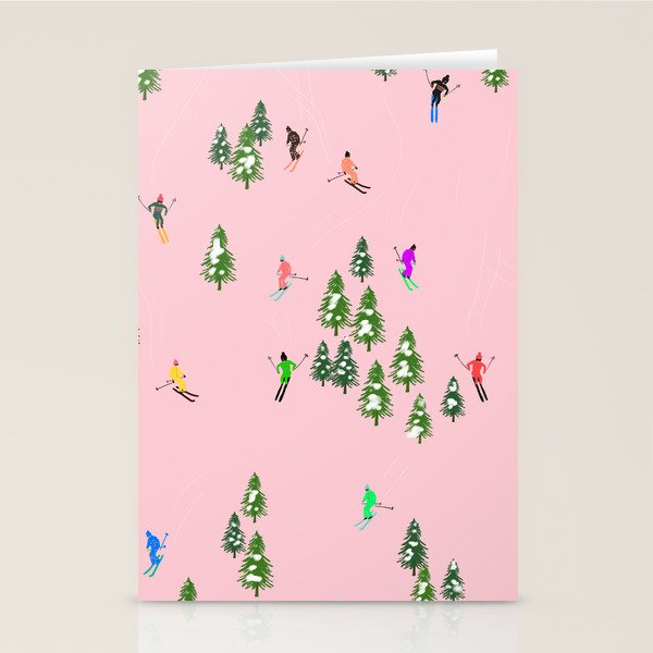 Pink retro skiers illustration - Aerial skiers Stationery Card Gallery Image 2