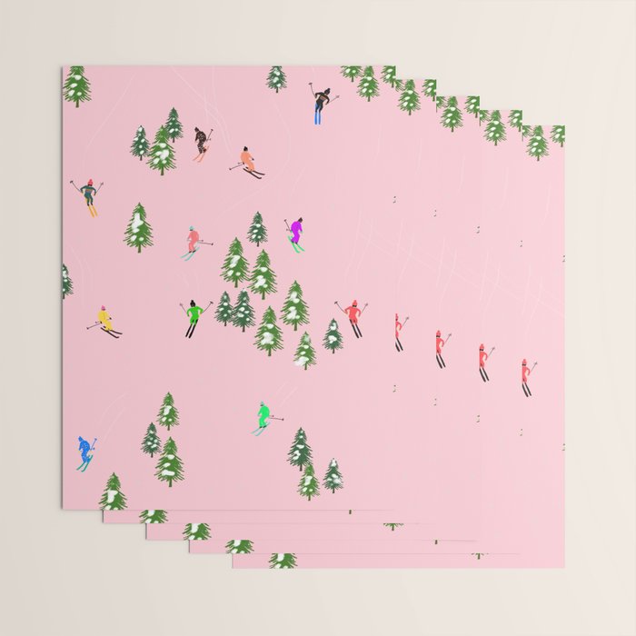 Pink retro skiers illustration - Aerial skiers Wrapping Paper Gallery Image 3