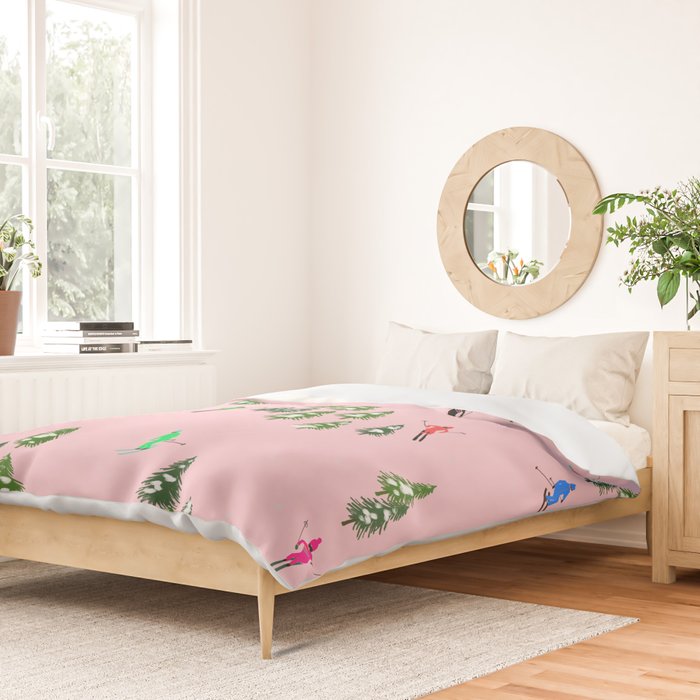Pink retro skiers illustration - Aerial skiers Duvet Cover Gallery Image 2