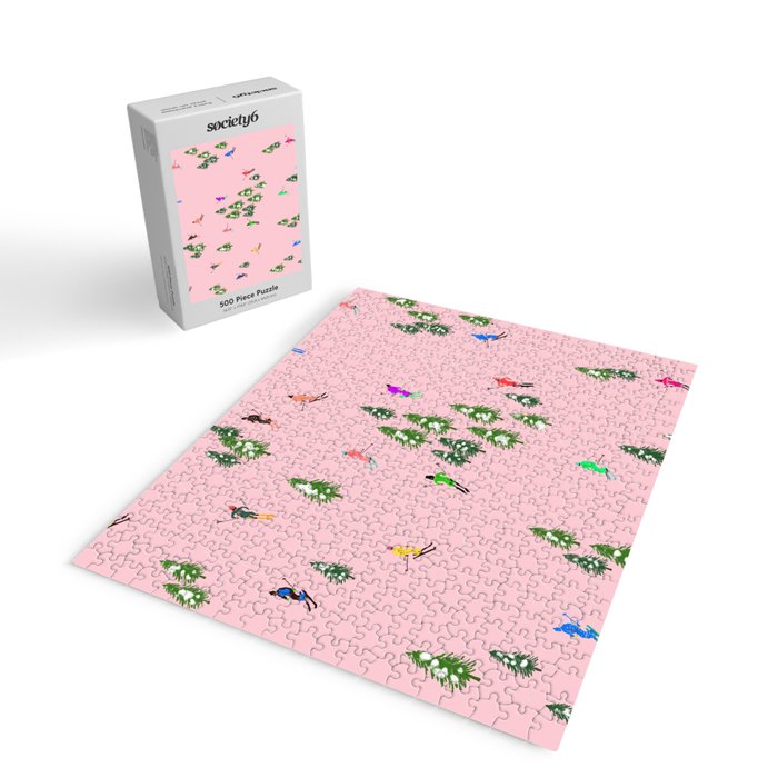 Pink retro skiers illustration - Aerial skiers Jigsaw Puzzle Gallery Image 2