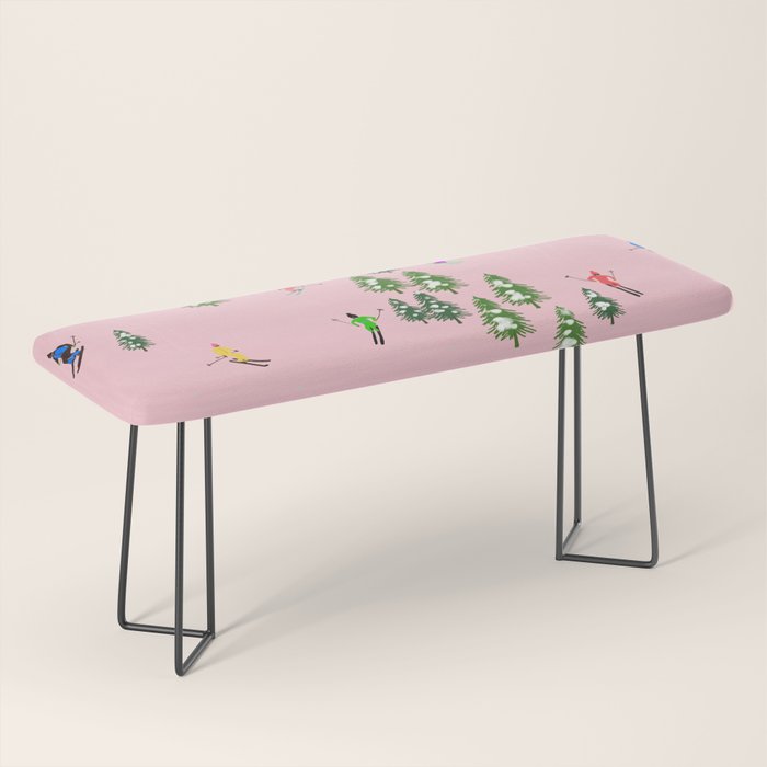 Pink retro skiers illustration - Aerial skiers Bench Gallery Image 1