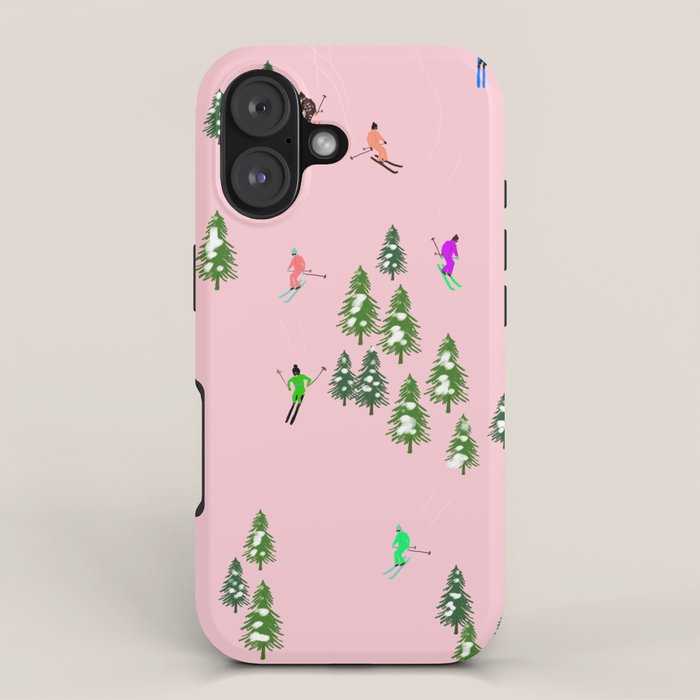 Pink retro skiers illustration - Aerial skiers iPhone Case Gallery Image 1