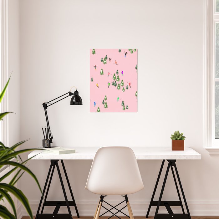 Pink retro skiers illustration - Aerial skiers Poster Gallery Image 2
