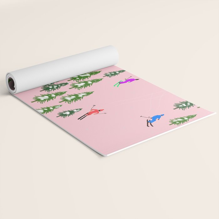 Pink retro skiers illustration - Aerial skiers Yoga Mat Gallery Image 2