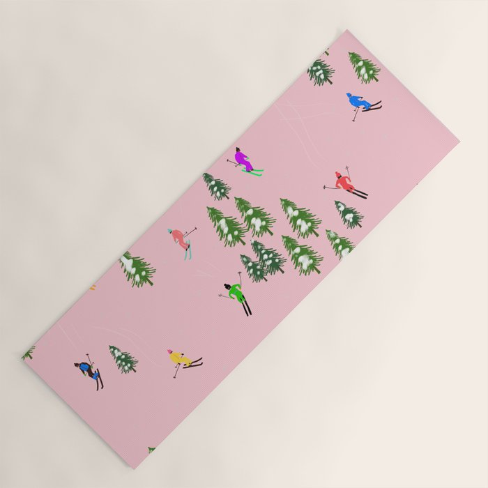 Pink retro skiers illustration - Aerial skiers Yoga Mat Gallery Image 1