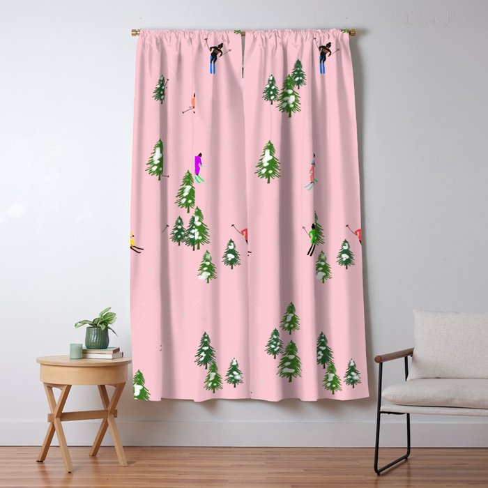 Pink retro skiers illustration - Aerial skiers Window Curtain Gallery Image 1