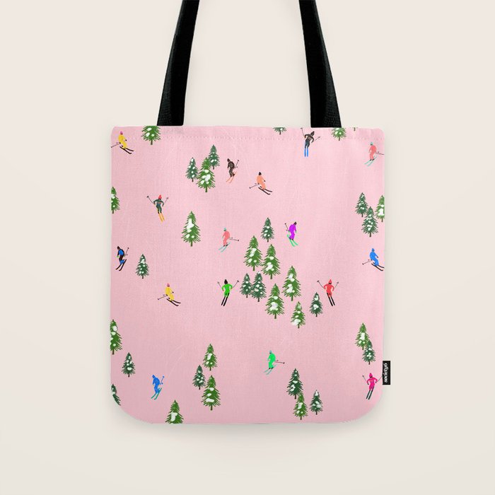 Pink retro skiers illustration - Aerial skiers Tote Bag Gallery Image 1