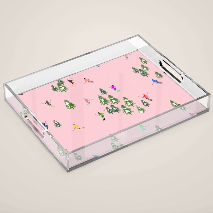 Pink retro skiers illustration - Aerial skiers Acrylic Tray Gallery Image 1