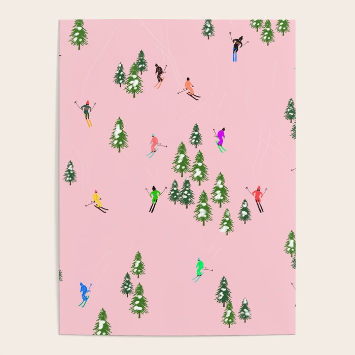 Pink retro skiers illustration - Aerial skiers Poster Gallery Image 1
