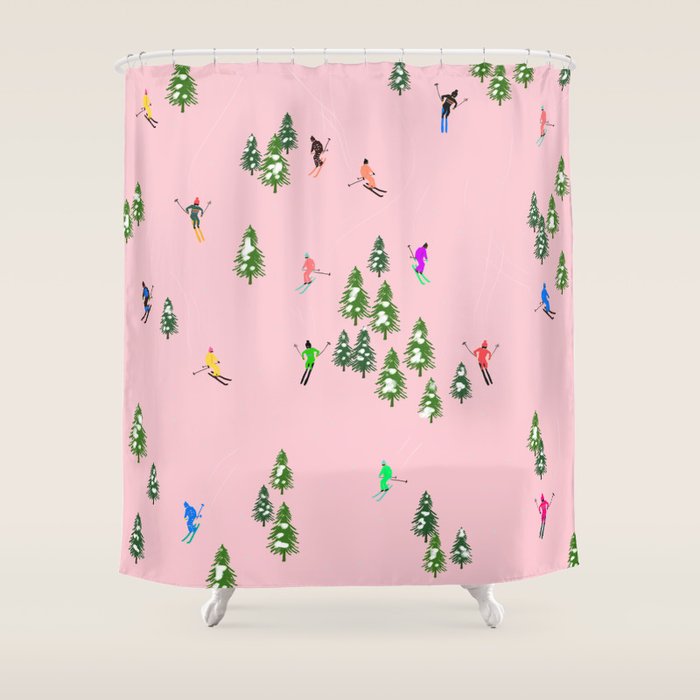 Pink retro skiers illustration - Aerial skiers Shower Curtain Gallery Image 1