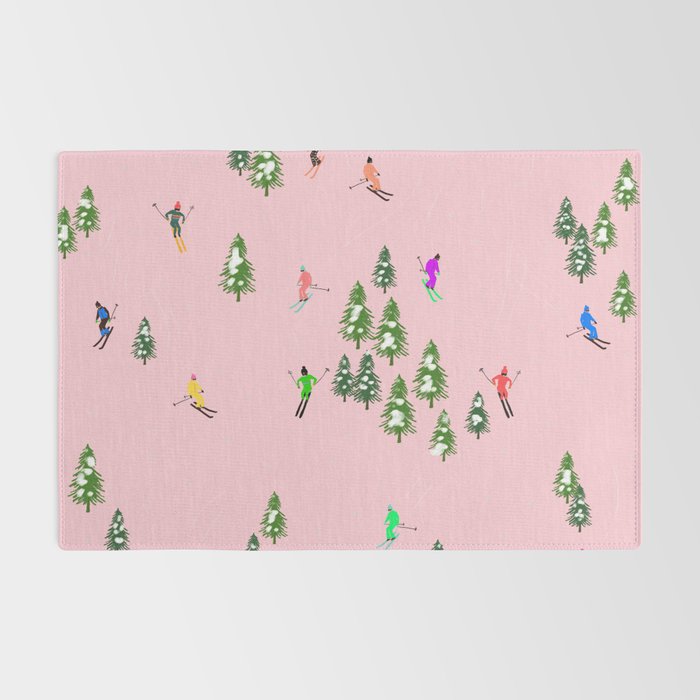 Pink retro skiers illustration - Aerial skiers Rug Gallery Image 2