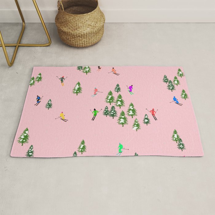 Pink retro skiers illustration - Aerial skiers Rug Gallery Image 1