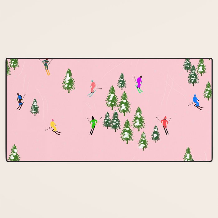Pink retro skiers illustration - Aerial skiers Desk Mat Gallery Image 3