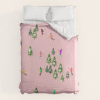 Pink retro skiers illustration - Aerial skiers Duvet Cover Gallery Image 6