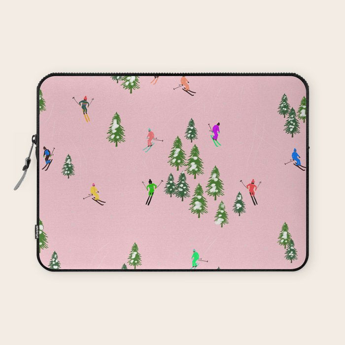 Pink Retro Skiers Illustration - Aerial Skiers Laptop Sleeve