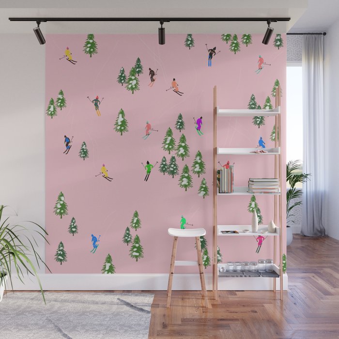 Pink retro skiers illustration - Aerial skiers Wall Mural Gallery Image 1