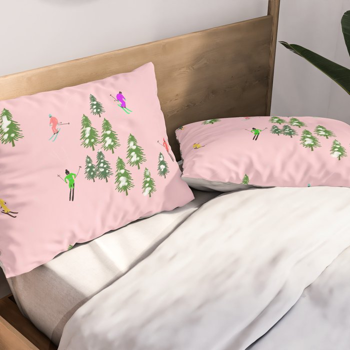 Pink retro skiers illustration - Aerial skiers Pillow Sham Gallery Image 2
