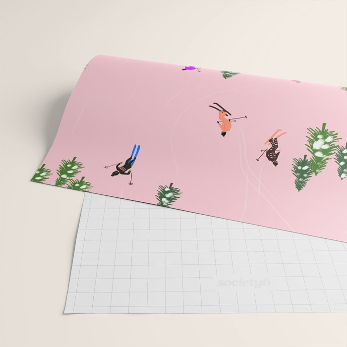 Pink retro skiers illustration - Aerial skiers Wrapping Paper Gallery Image 2