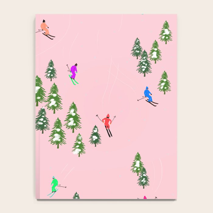 Pink retro skiers illustration - Aerial skiers Notebook Gallery Image 4