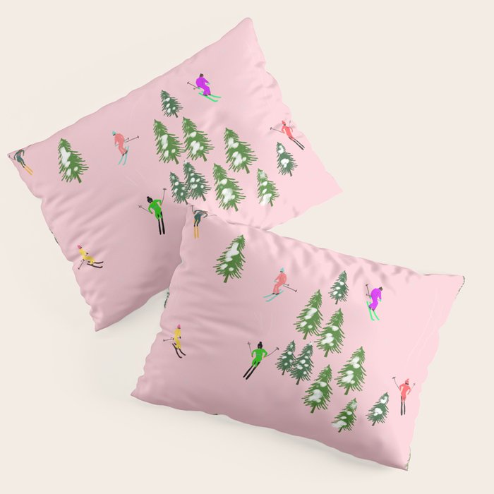 Pink retro skiers illustration - Aerial skiers Pillow Sham Gallery Image 1