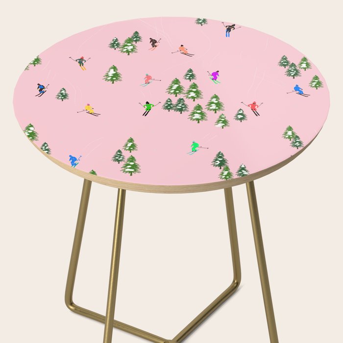 Pink retro skiers illustration - Aerial skiers Side Table Gallery Image 2