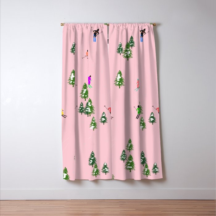 Pink retro skiers illustration - Aerial skiers Window Curtain Gallery Image 3