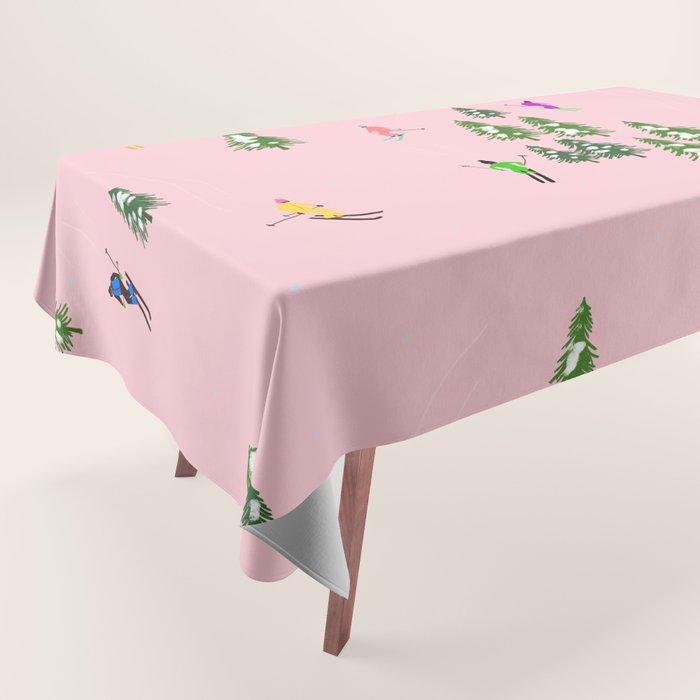 Pink Retro Skiers Illustration - Aerial Skiers Tablecloth