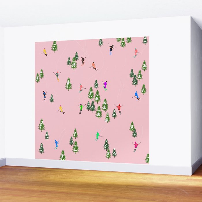 Pink retro skiers illustration - Aerial skiers Wall Mural Gallery Image 2