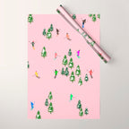 Pink retro skiers illustration - Aerial skiers Wrapping Paper Gallery Image 1