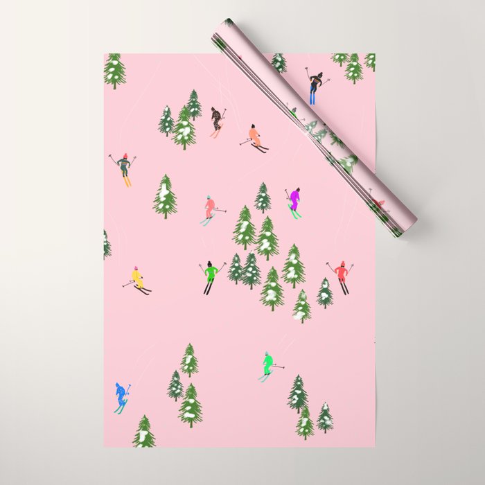 Pink retro skiers illustration - Aerial skiers Wrapping Paper Gallery Image 1