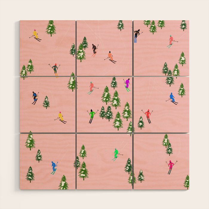 Pink retro skiers illustration - Aerial skiers Wood Wall Art Gallery Image 1