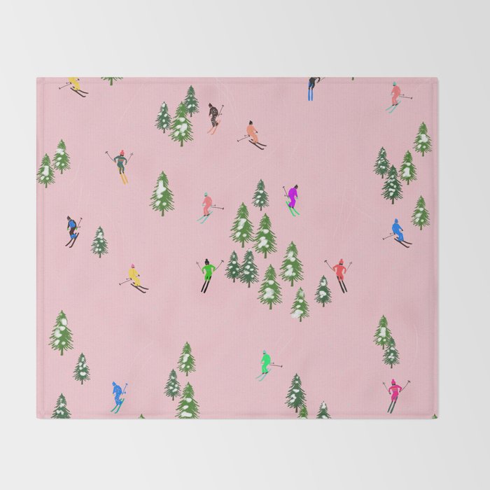 Pink retro skiers illustration - Aerial skiers Throw Blanket Gallery Image 2