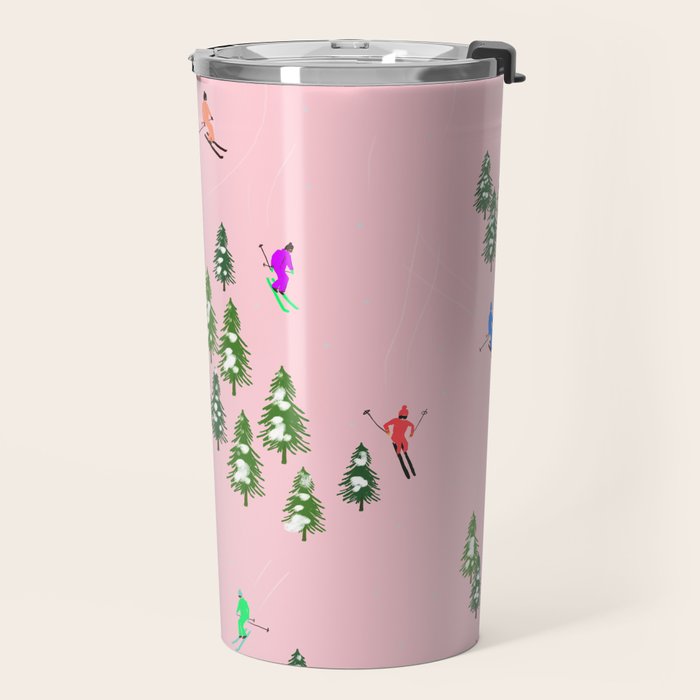 Pink retro skiers illustration - Aerial skiers Travel Mug Gallery Image 2