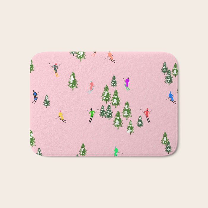 Pink Retro Skiers Illustration - Aerial Skiers Bath Mat
