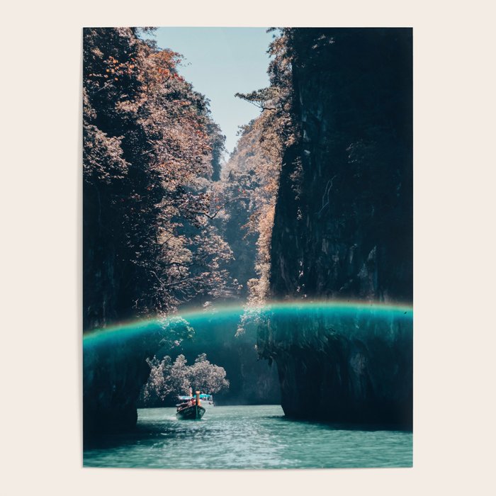 Rainbow in a sunny sky - floating between the rocks in Thailand - Asia travels Poster