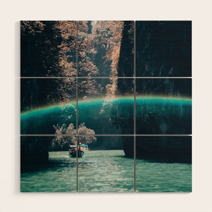 Rainbow in a sunny sky - floating between the rocks in Thailand - Asia travels Wood Wall Art Gallery Image 1