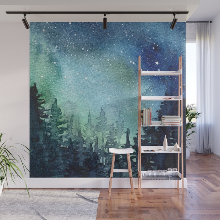 Galaxy Watercolor Aurora Borealis Painting Wall Mural Gallery Image 1
