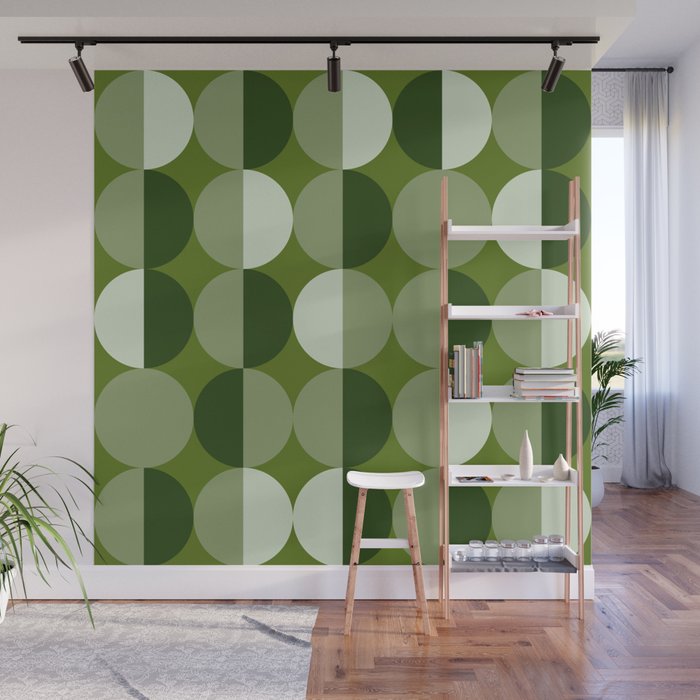 Retro 70s disco half circles sage green Wall Mural Gallery Image 1