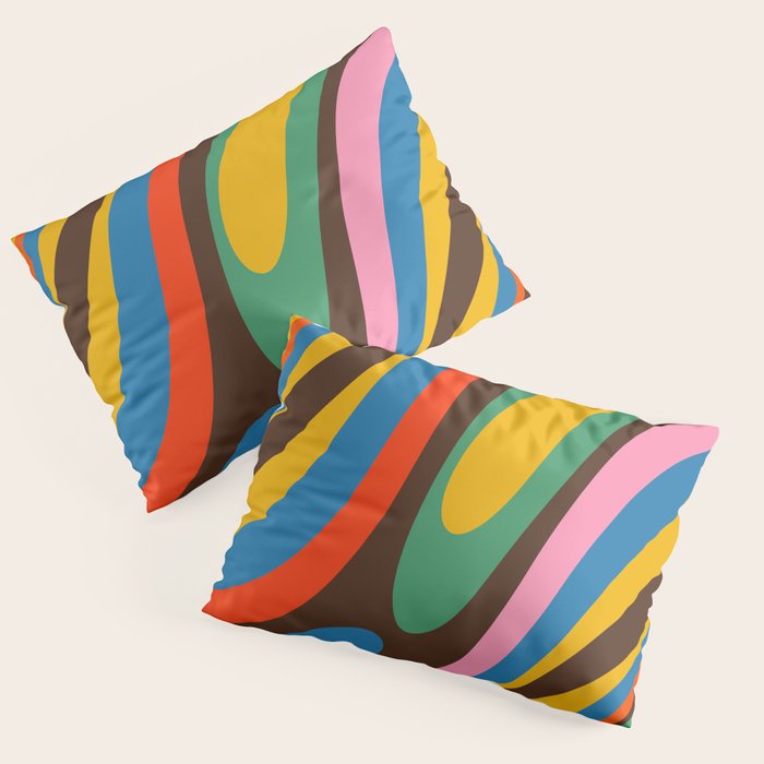 Wavy Loops Colourful Retro Abstract Pattern Blue Pink Green Orange Yellow Pink Brown Pillow Sham Gallery Image 3