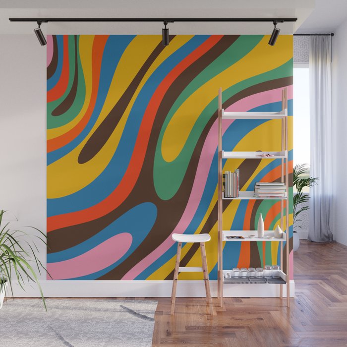 Wavy Loops Colourful Retro Abstract Pattern Blue Pink Green Orange Yellow Pink Brown Wall Mural Gallery Image 1