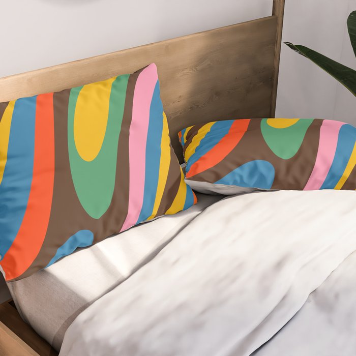 Wavy Loops Colourful Retro Abstract Pattern Blue Pink Green Orange Yellow Pink Brown Pillow Sham Gallery Image 2