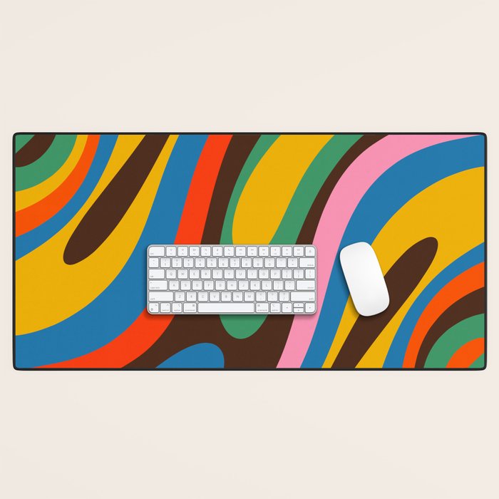 Wavy Loops Colourful Retro Abstract Pattern Blue Pink Green Orange Yellow Pink Brown Desk Mat Gallery Image 1