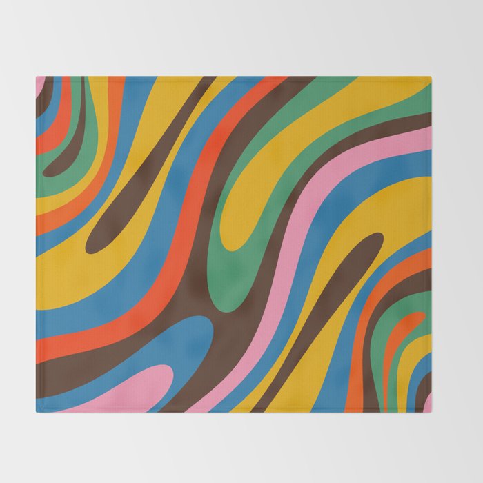 Wavy Loops Colourful Retro Abstract Pattern Blue Pink Green Orange Yellow Pink Brown Throw Blanket Gallery Image 2