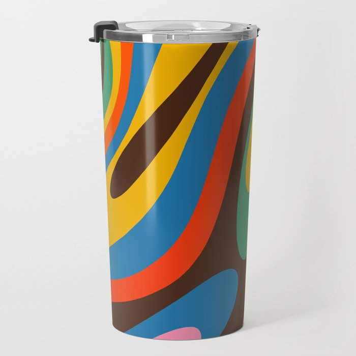 Wavy Loops Colourful Retro Abstract Pattern Blue Pink Green Orange Yellow Pink Brown Travel Mug Gallery Image 3