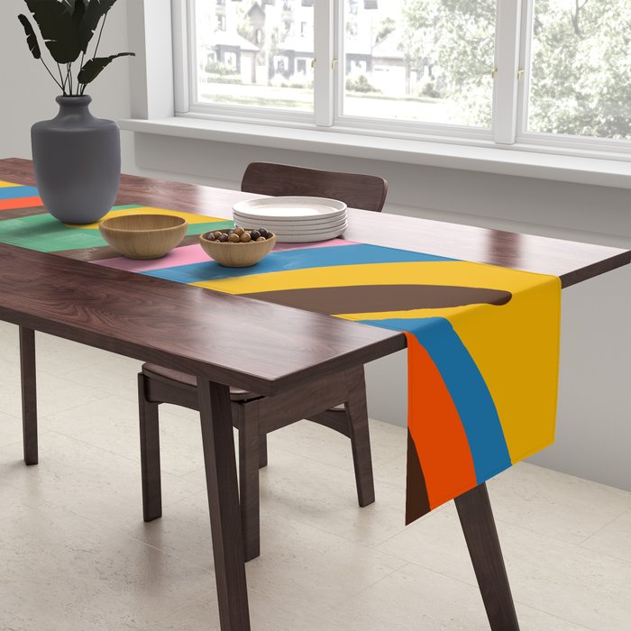 Wavy Loops Colourful Retro Abstract Pattern Blue Pink Green Orange Yellow Pink Brown Table Runner Gallery Image 2
