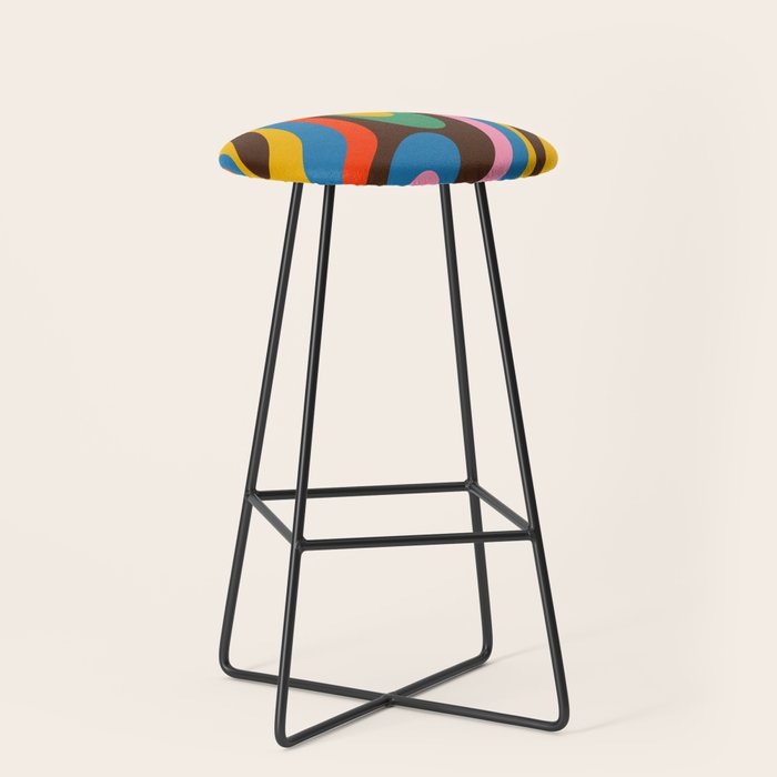 Wavy Loops Colourful Retro Abstract Pattern Blue Pink Green Orange Yellow Pink Brown Stool Gallery Image 1