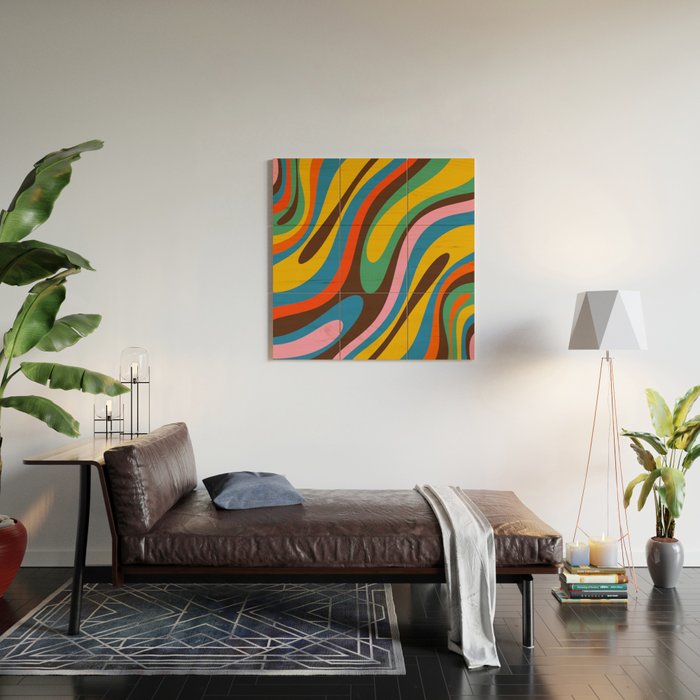 Wavy Loops Colourful Retro Abstract Pattern Blue Pink Green Orange Yellow Pink Brown Wood Wall Art Gallery Image 2
