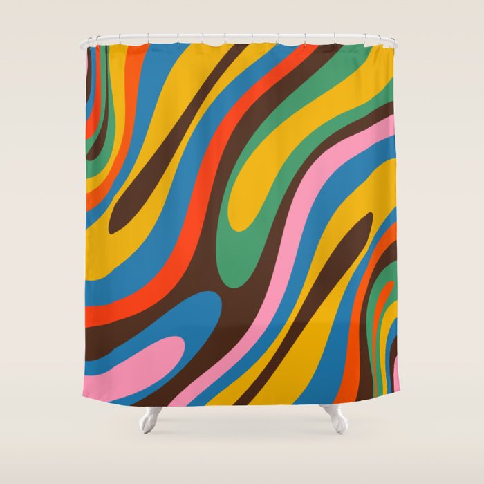 Wavy Loops Colourful Retro Abstract Pattern Blue Pink Green Orange Yellow Pink Brown Shower Curtain Gallery Image 1